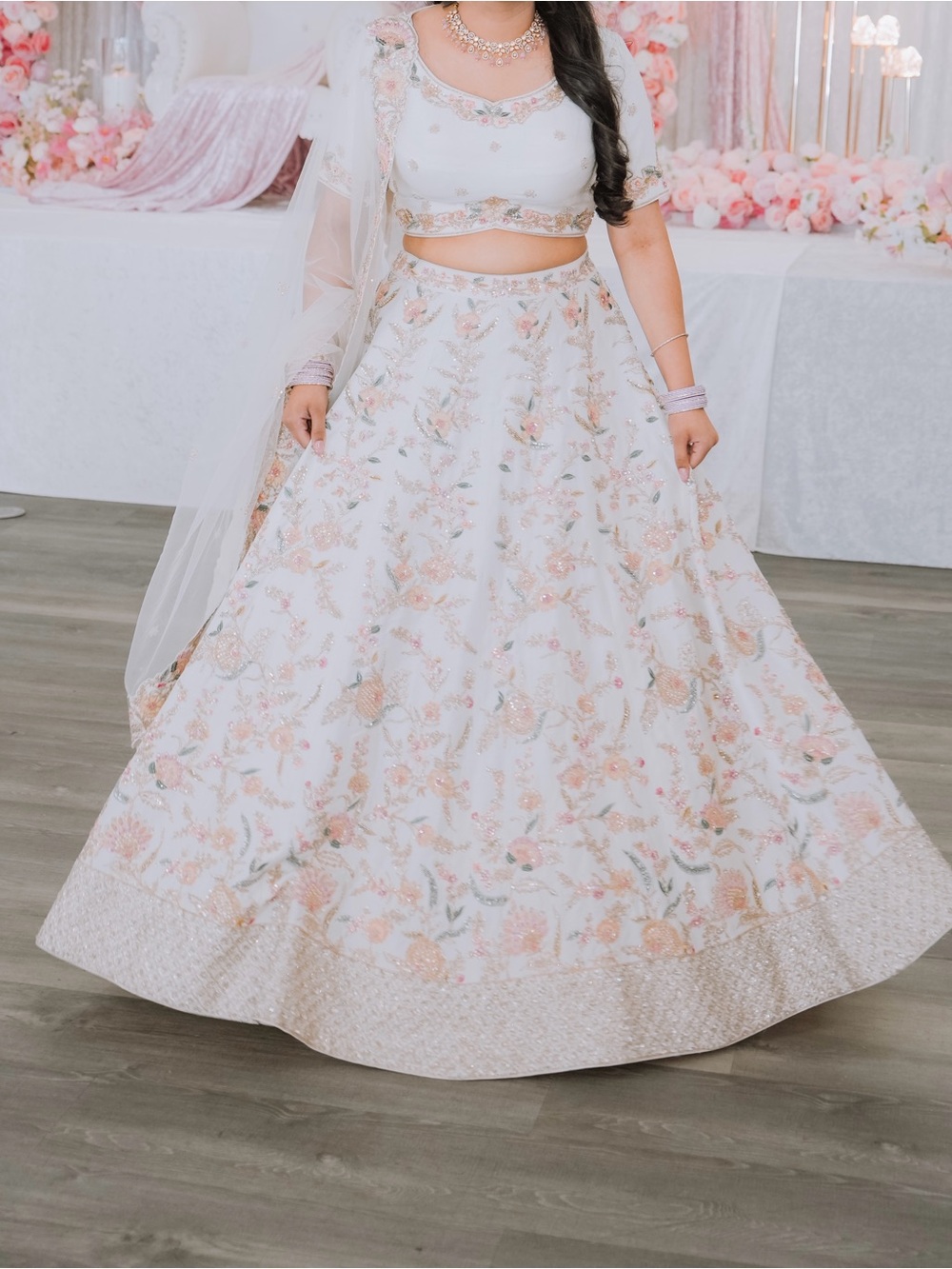 Elegant White & Blush Floral Embroidered Bridal Lehenga